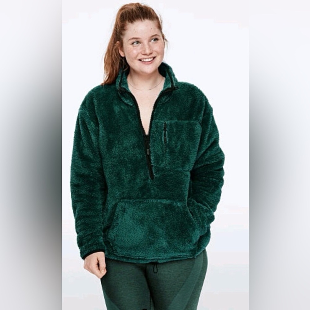 Pink Victoria’s Secret Sherpa Hunter Green Fleece Pull Over 1/2 Zip large
